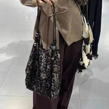 Qfdian Women High-capacity Grunge Leopard Shoulder Bags Y2k Vintage Casual Shopping Handbags All Match Harajuku Underarm Bag Streetwear